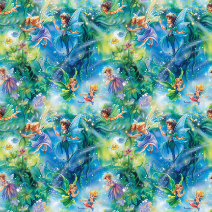 Seamless pattern featuring fairies with wings surrounded by flowers and leaves against a vibrant, colorful background.