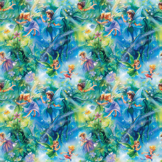 Seamless pattern featuring fairies with wings surrounded by flowers and leaves against a vibrant, colorful background.