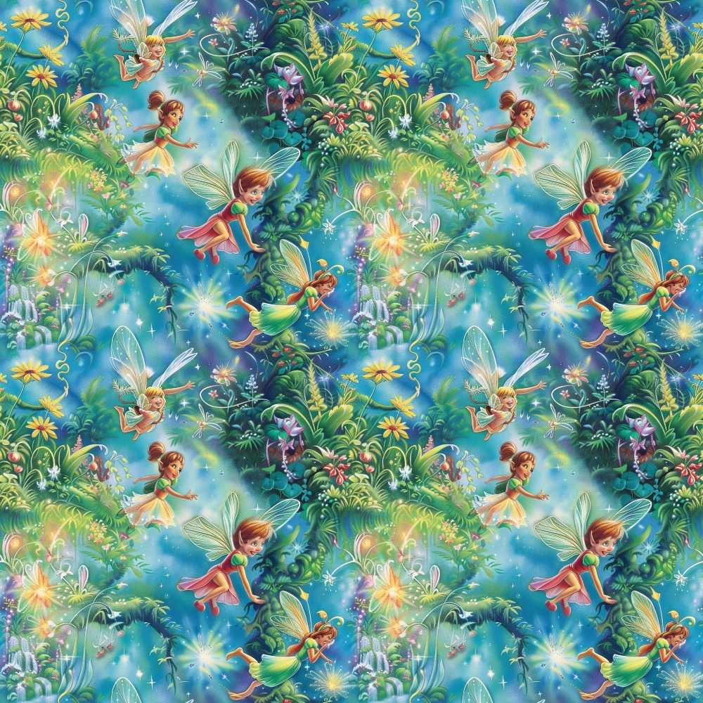 Pattern of colorful fairies flying in a vibrant, floral fantasy landscape with glowing lights and lush greenery.