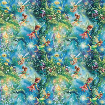 Pattern of colorful fairies flying in a vibrant, floral fantasy landscape with glowing lights and lush greenery.