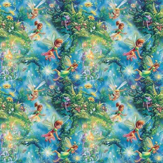 Pattern of colorful fairies flying in a vibrant, floral fantasy landscape with glowing lights and lush greenery.