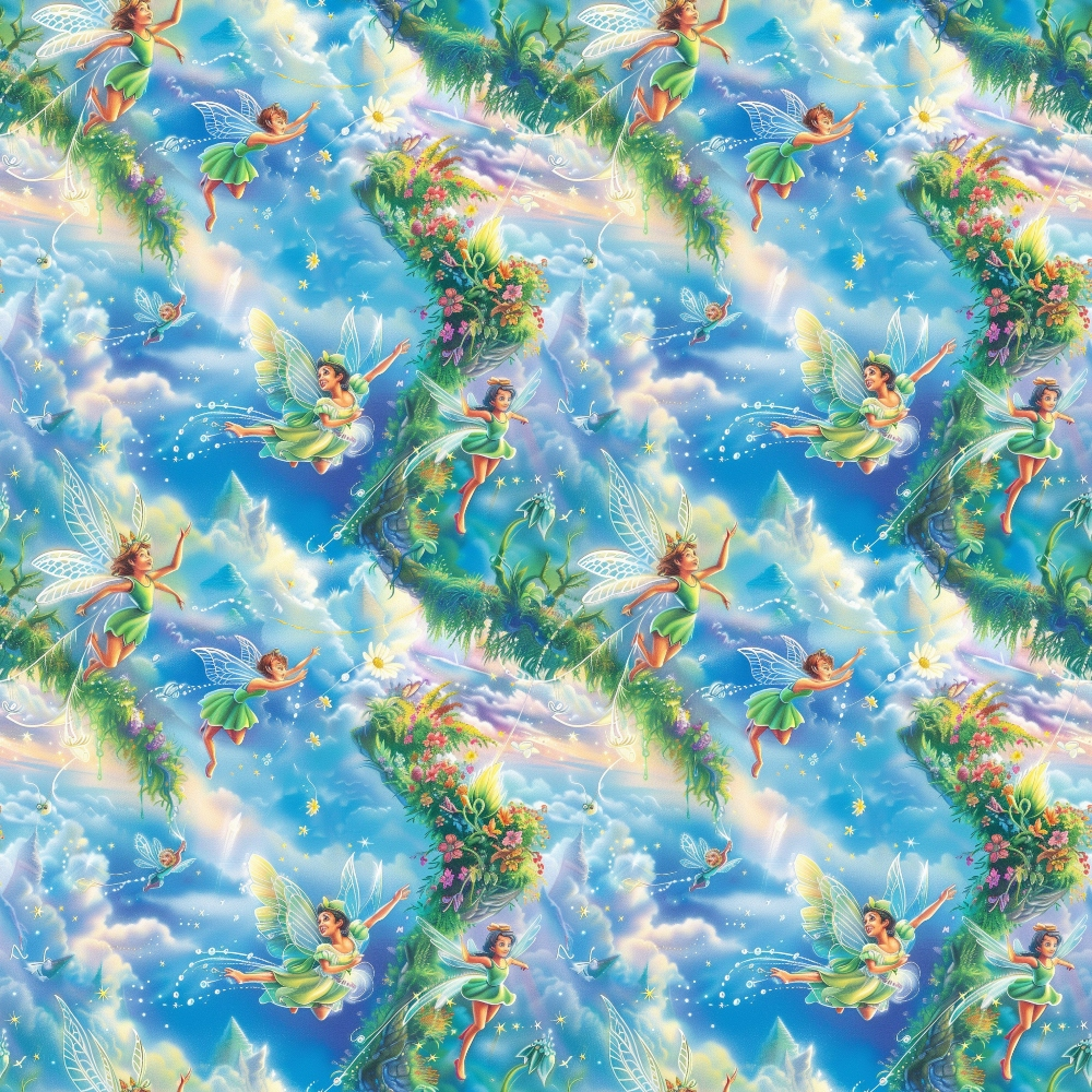 Patterned image depicting fairies with wings among flowers and clouds in a colorful, fantasy-themed setting.