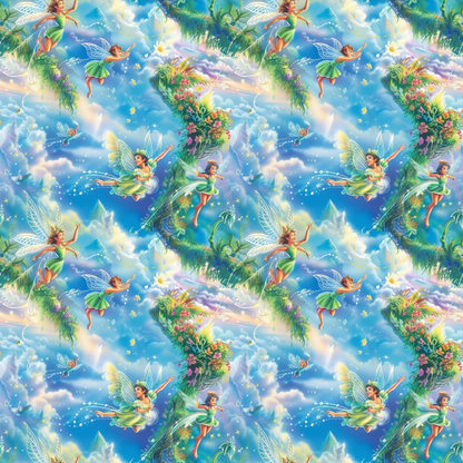 Patterned image depicting fairies with wings among flowers and clouds in a colorful, fantasy-themed setting.