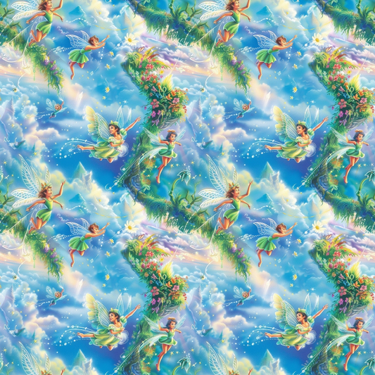 Patterned image depicting fairies with wings among flowers and clouds in a colorful, fantasy-themed setting.