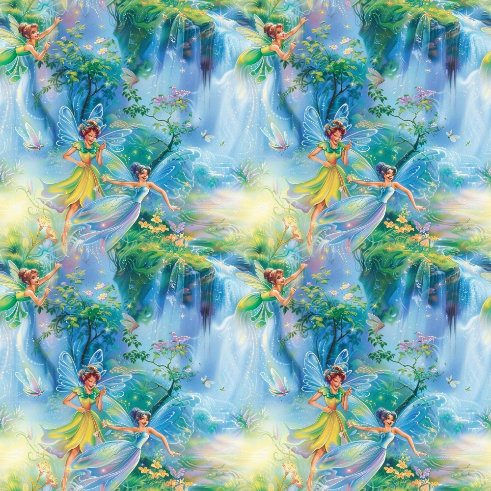 Pattern of colorful fairies with translucent wings surrounded by lush greenery, waterfalls, and butterflies, against a vibrant background.