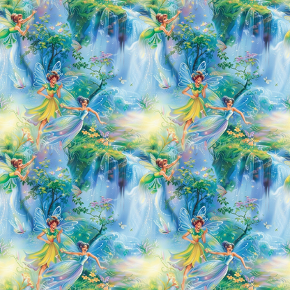 Pattern of colorful fairies with translucent wings surrounded by lush greenery, waterfalls, and butterflies, against a vibrant background.