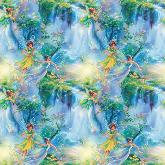 Pattern of colorful fairies with translucent wings surrounded by lush greenery, waterfalls, and butterflies, against a vibrant background.