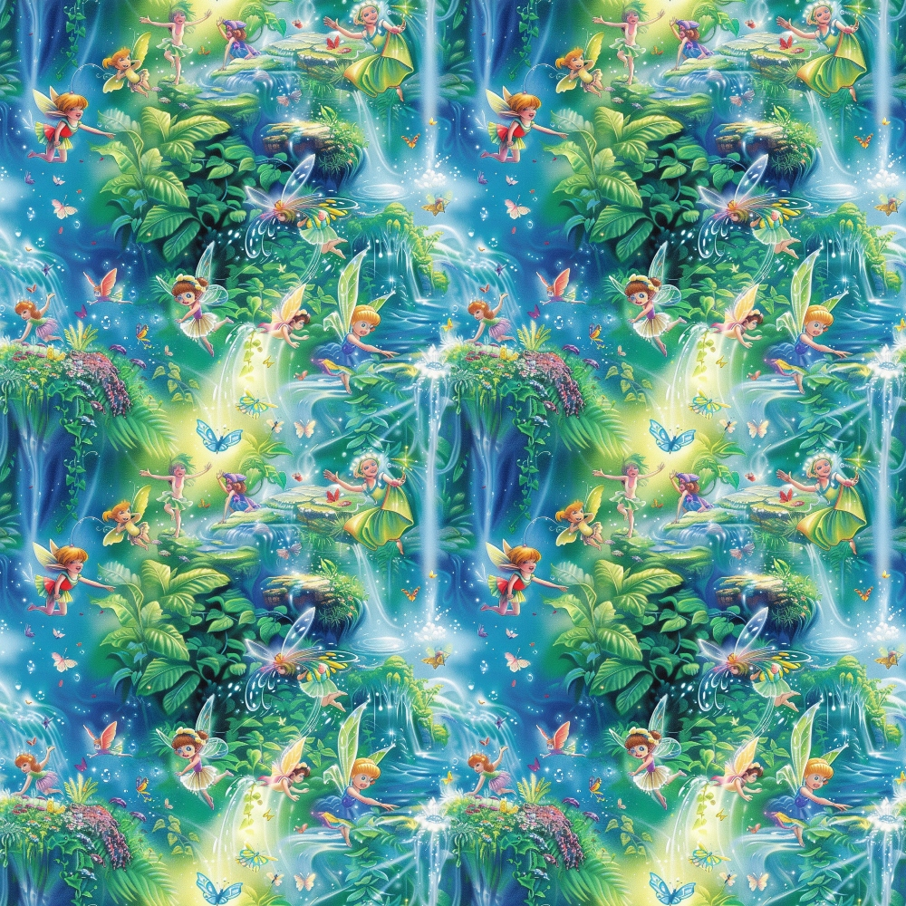 Colorful pattern of fairies and butterflies among lush greenery and sparkling waterfalls. Some fairies interact with glowing lights, creating a whimsical, magical atmosphere.