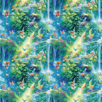 Colorful pattern of fairies and butterflies among lush greenery and sparkling waterfalls. Some fairies interact with glowing lights, creating a whimsical, magical atmosphere.