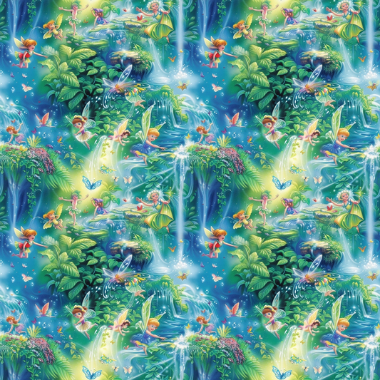 Colorful pattern of fairies and butterflies among lush greenery and sparkling waterfalls. Some fairies interact with glowing lights, creating a whimsical, magical atmosphere.