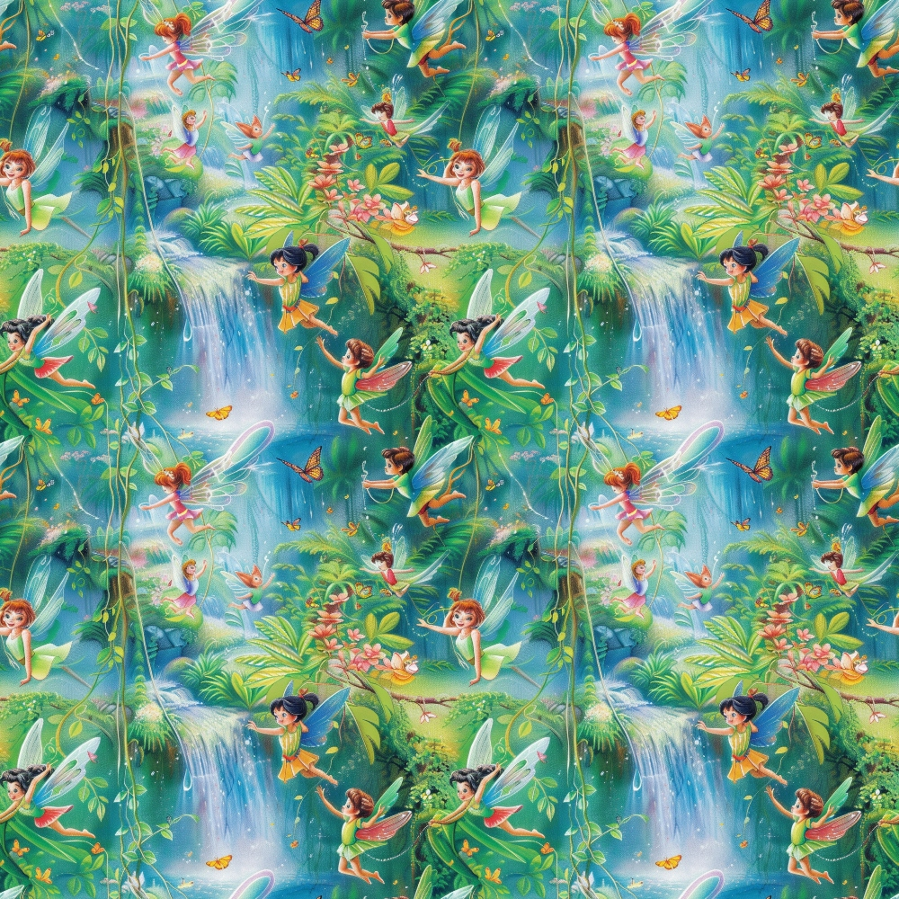 Patterned image featuring animated fairies flying and interacting in a lush, vibrant forest with waterfalls, flowers, and butterflies.