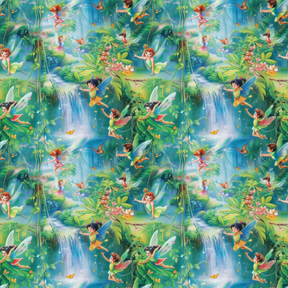 Patterned image featuring animated fairies flying and interacting in a lush, vibrant forest with waterfalls, flowers, and butterflies.