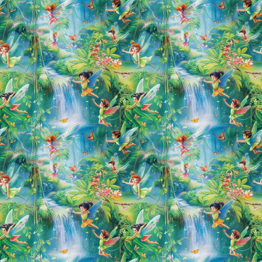 Patterned image featuring animated fairies flying and interacting in a lush, vibrant forest with waterfalls, flowers, and butterflies.