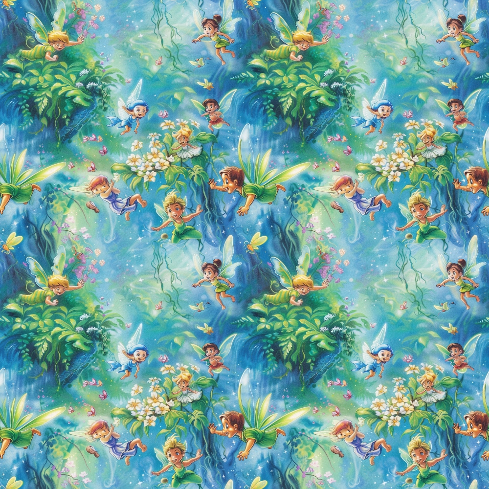 Patterned image of animated fairies flying among greenery, flowers, and glowing elements in a fantastical setting.