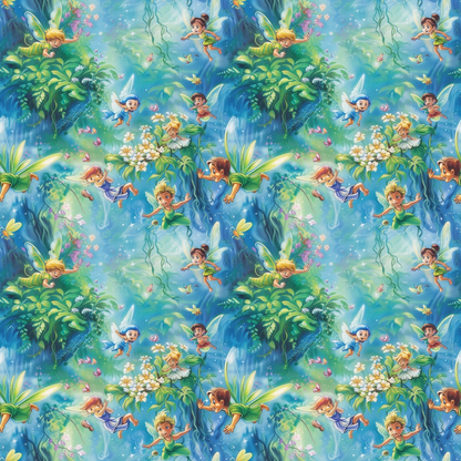 Patterned image of animated fairies flying among greenery, flowers, and glowing elements in a fantastical setting.