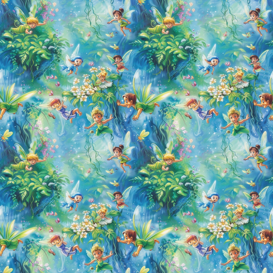 Patterned image of animated fairies flying among greenery, flowers, and glowing elements in a fantastical setting.