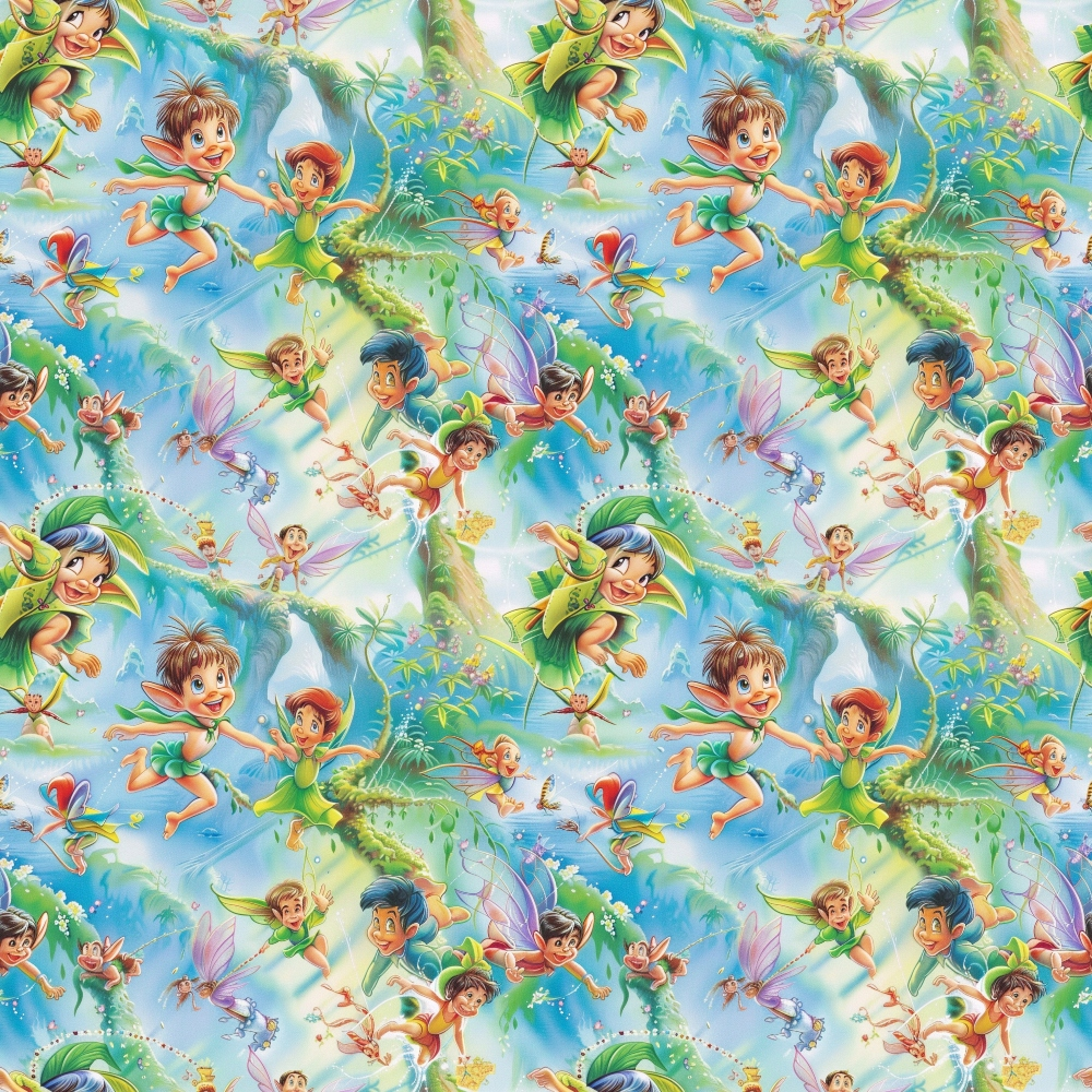 Colorful fairy and nature scene with children flying, surrounded by trees, flowers, and magical creatures. Repeated pattern creating a whimsical and vibrant atmosphere.