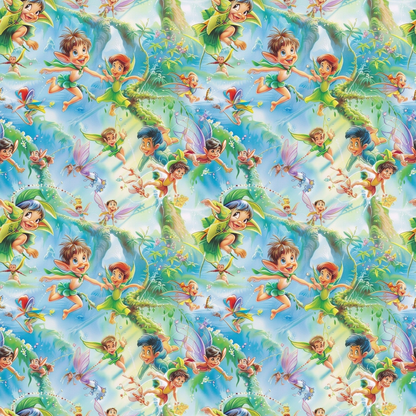 Colorful fairy and nature scene with children flying, surrounded by trees, flowers, and magical creatures. Repeated pattern creating a whimsical and vibrant atmosphere.