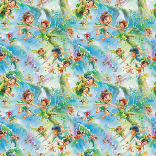 Colorful fairy and nature scene with children flying, surrounded by trees, flowers, and magical creatures. Repeated pattern creating a whimsical and vibrant atmosphere.