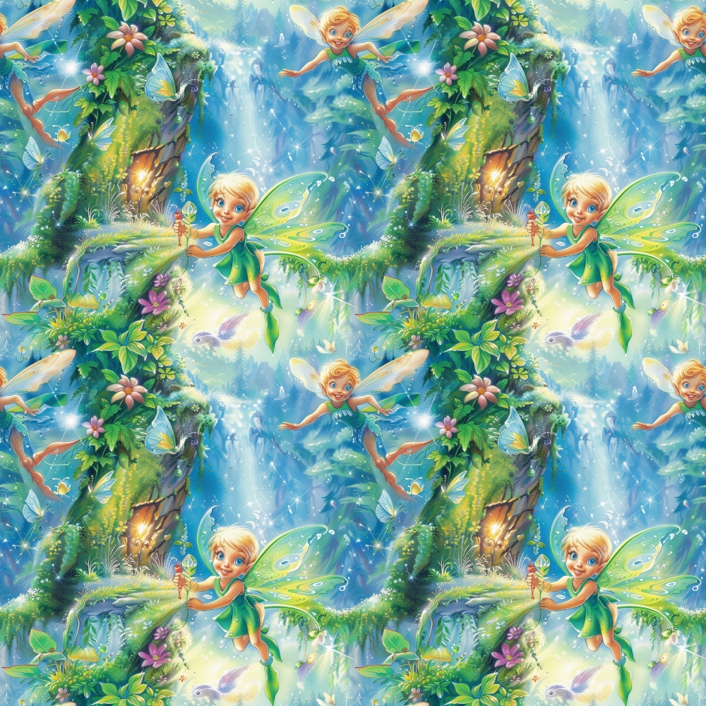 Fairy with green wings and dress holding a wand in a vibrant forest with a waterfall, flowers, and another flying fairy in the background.