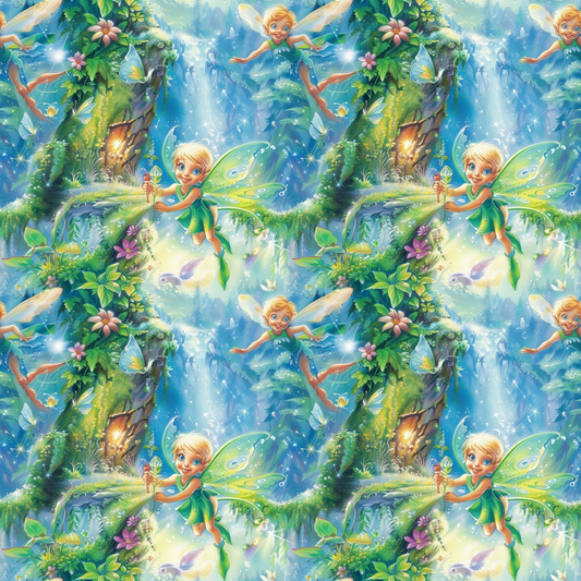 Fairy with green wings and dress holding a wand in a vibrant forest with a waterfall, flowers, and another flying fairy in the background.