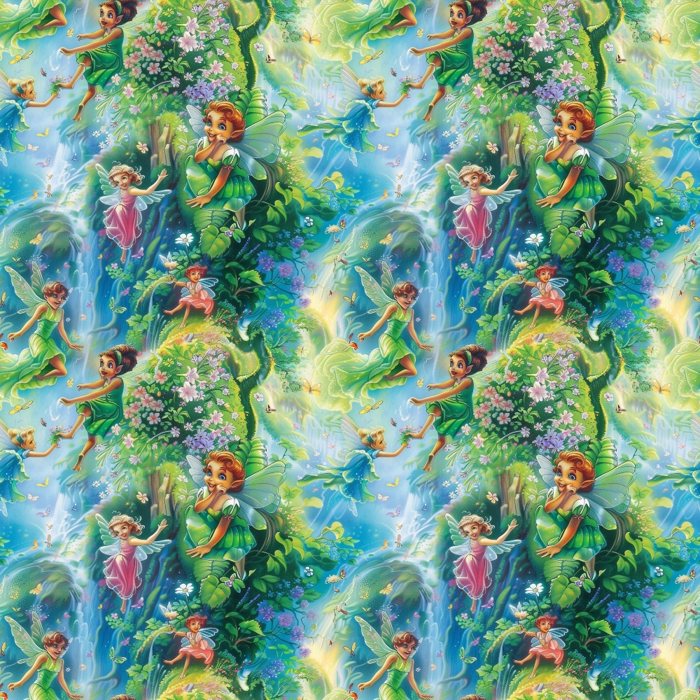 Colorful illustration of fairies flying and interacting in a lush, magical forest with flowers and greenery. Repeating pattern.