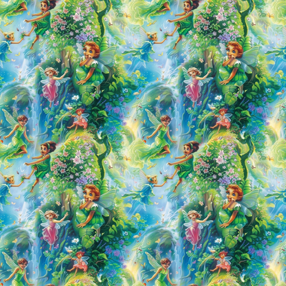 Colorful illustration of fairies flying and interacting in a lush, magical forest with flowers and greenery. Repeating pattern.