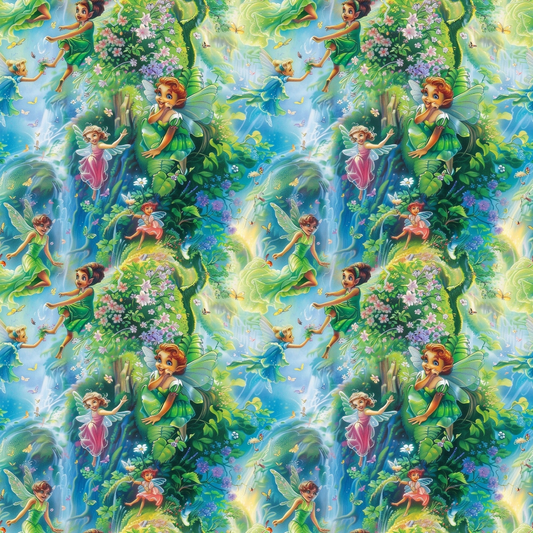 Colorful illustration of fairies flying and interacting in a lush, magical forest with flowers and greenery. Repeating pattern.