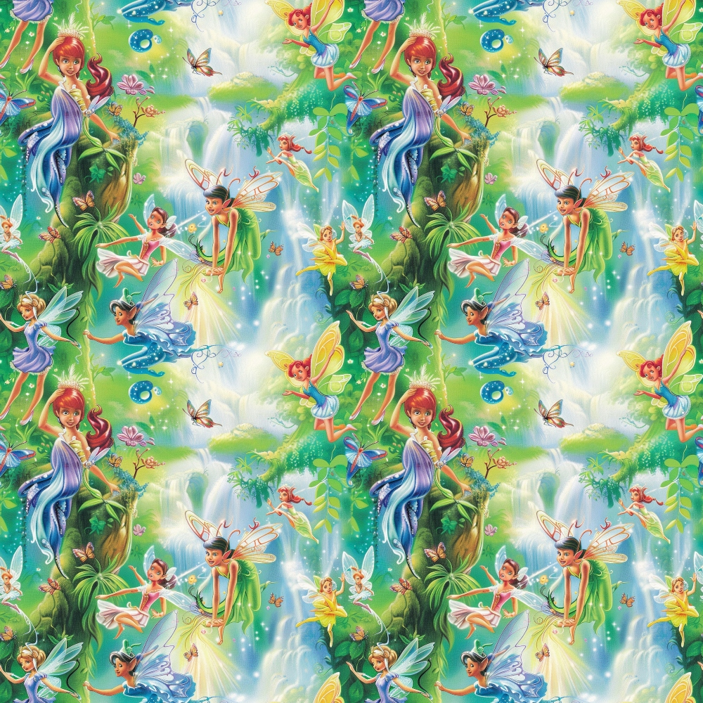 Colorful fairies with wings in a vibrant forest, surrounded by greenery, flowers, and small animals. Repeating pattern with characters in various poses amidst trees and waterfalls.