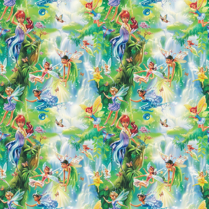 Colorful fairies with wings in a vibrant forest, surrounded by greenery, flowers, and small animals. Repeating pattern with characters in various poses amidst trees and waterfalls.