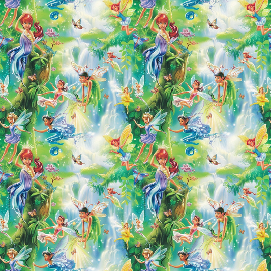 Colorful fairies with wings in a vibrant forest, surrounded by greenery, flowers, and small animals. Repeating pattern with characters in various poses amidst trees and waterfalls.