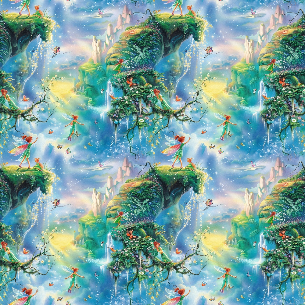 Colorful fantasy scene with fairies and butterflies near a waterfall and lush greenery, set against a bright, magical landscape in a seamless pattern.