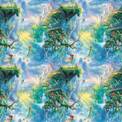 Colorful fantasy scene with fairies and butterflies near a waterfall and lush greenery, set against a bright, magical landscape in a seamless pattern.