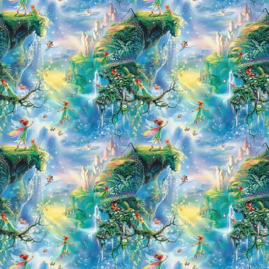 Colorful fantasy scene with fairies and butterflies near a waterfall and lush greenery, set against a bright, magical landscape in a seamless pattern.