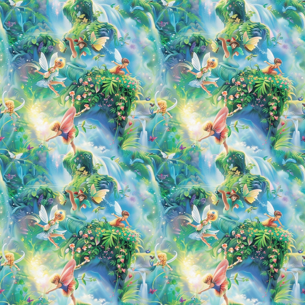 Colorful pattern of fairies in a lush, green forest. Fairies are interacting with glowing orbs, surrounded by flowers and cascading waterfalls. Repeated seamless design.