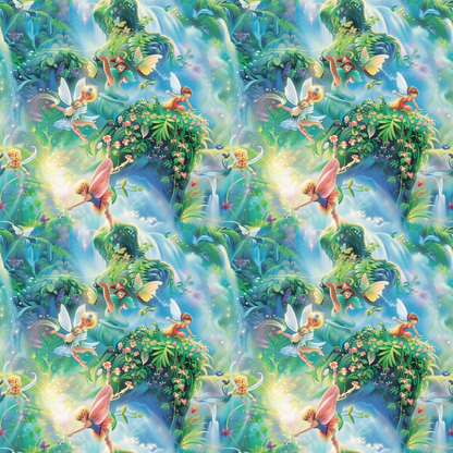 Colorful pattern of fairies in a lush, green forest. Fairies are interacting with glowing orbs, surrounded by flowers and cascading waterfalls. Repeated seamless design.