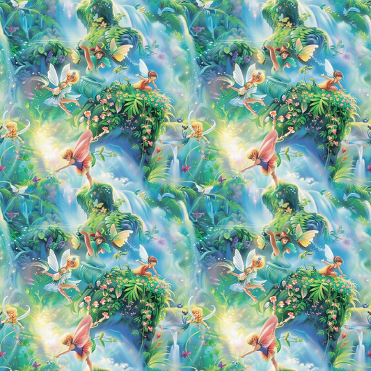 Colorful pattern of fairies in a lush, green forest. Fairies are interacting with glowing orbs, surrounded by flowers and cascading waterfalls. Repeated seamless design.