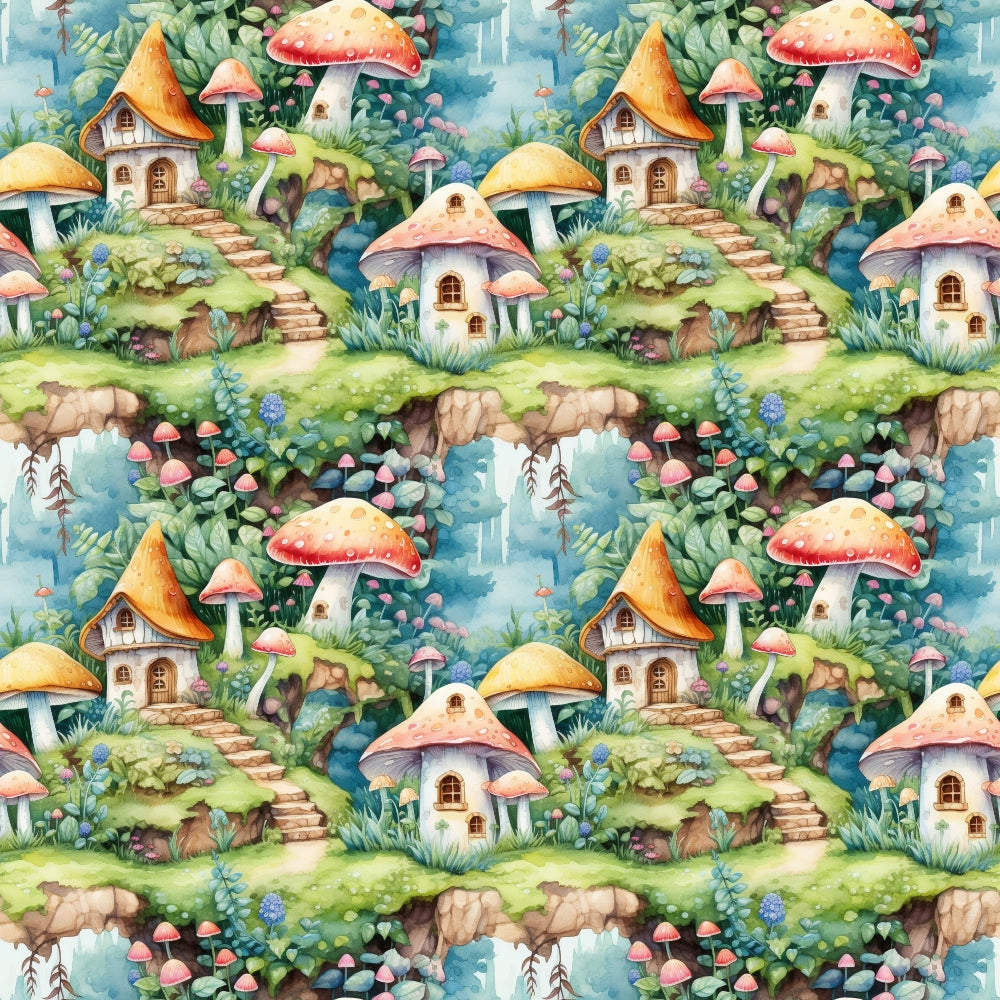 Patterned illustration of whimsical mushroom houses and foliage on a hillside. Features vibrant colors, stairs, and varied fungi, creating a fantasy landscape repeated across the image.