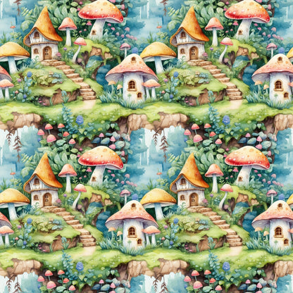 Patterned illustration of whimsical mushroom houses and foliage on a hillside. Features vibrant colors, stairs, and varied fungi, creating a fantasy landscape repeated across the image.