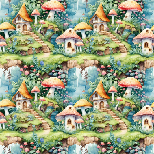 Patterned illustration of whimsical mushroom houses and foliage on a hillside. Features vibrant colors, stairs, and varied fungi, creating a fantasy landscape repeated across the image.