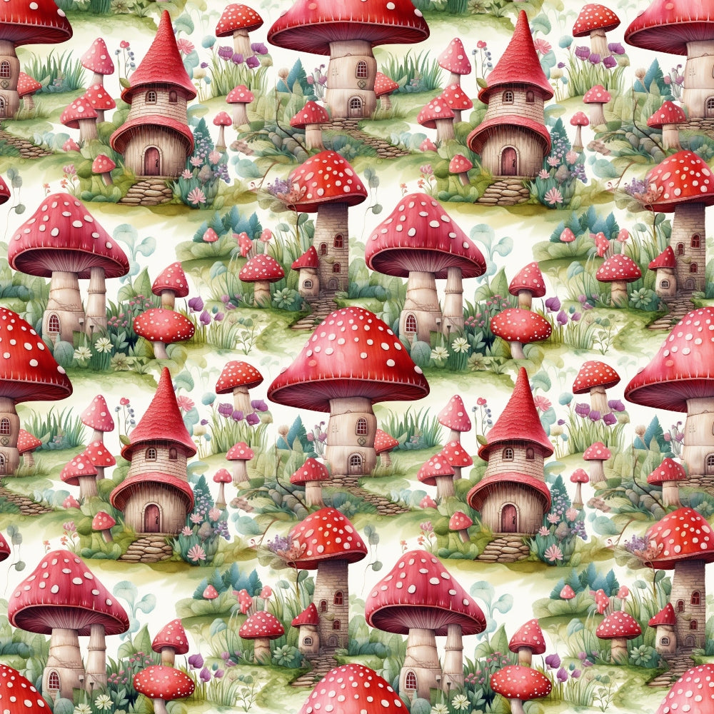 Pattern of whimsical mushroom houses with red roofs surrounded by grass and flowers.