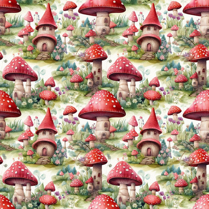 Pattern of whimsical mushroom houses with red roofs surrounded by grass and flowers.