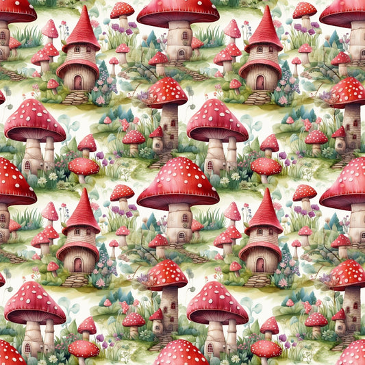 Pattern of whimsical mushroom houses with red roofs surrounded by grass and flowers.