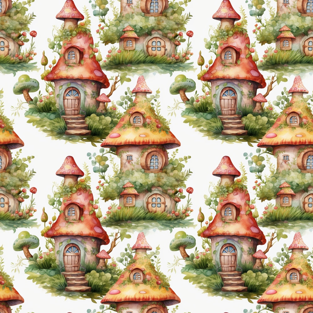 Seamless pattern of whimsical mushroom houses with doors, windows, and greenery on a light background.