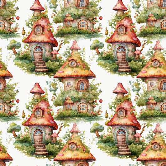 Seamless pattern of whimsical mushroom houses with doors, windows, and greenery on a light background.