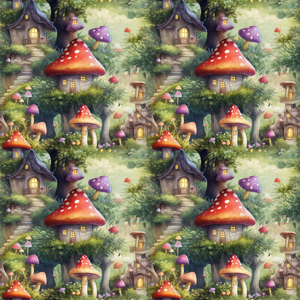 Repeating pattern of whimsical mushroom houses in a forest, featuring red and purple capped fungi with lit windows, surrounded by greenery and small pathways.