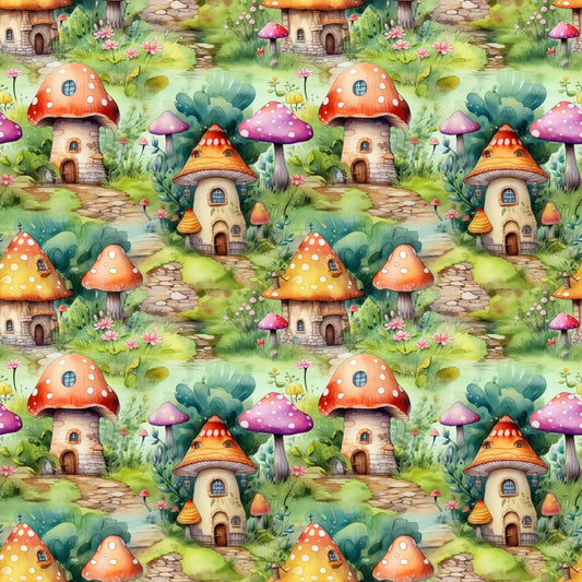 fairy houses, mushroom homes, whimsical village, fantasy cottages, orange mushrooms, pink mushrooms, polka dot toadstools, stone pathways, green foliage, watercolor style, magical forest, enchanted scene, quilting cotton, fabric panel, children's fabric, storybook illustration, repeating pattern, fairy tale theme, woodland creatures, cottage core