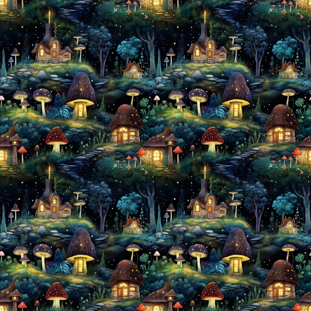 Whimsical forest scene with cottages and large mushrooms under a starry night sky; glowing windows and scattered trees add to the fairytale ambiance. Repeating pattern.