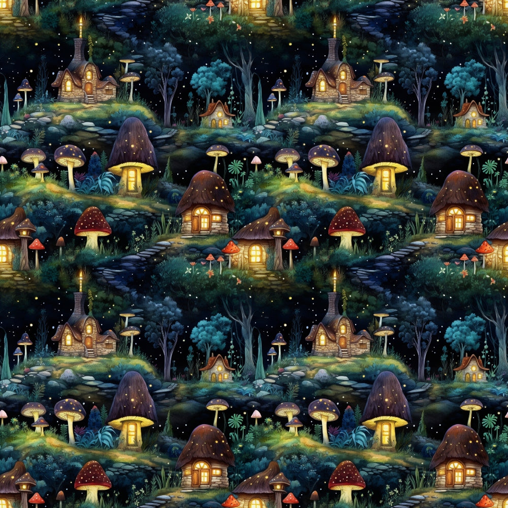 fairy houses, mushroom houses, enchanted forest, whimsical cottages, magical village, deep blue, emerald green, golden yellow, warm orange, purple mushrooms, red toadstools, glowing windows, starry night, fantasy landscape, quilting cotton, repeating pattern, storybook illustration, mystical scene, forest dwellings, fairy tale motif