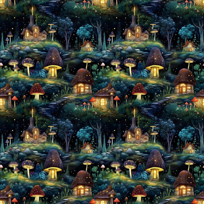 Whimsical forest scene with cottages and large mushrooms under a starry night sky; glowing windows and scattered trees add to the fairytale ambiance. Repeating pattern.